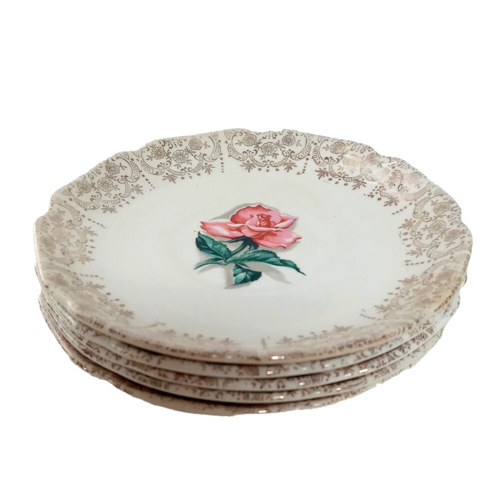 5 Vintage Sabin China Saucers Pink Rose Floral 22K Gold Filagree Rim Distressed